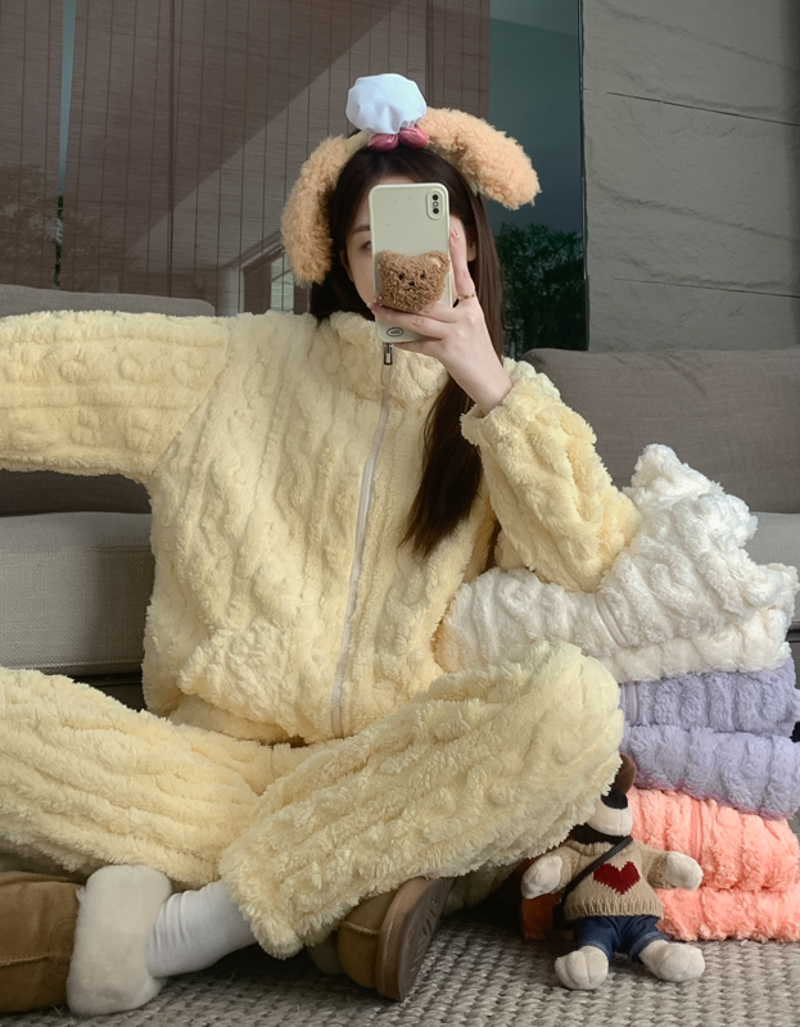 實拍 冬季新款加絨加厚珊瑚絨家居服法蘭絨外穿套裝