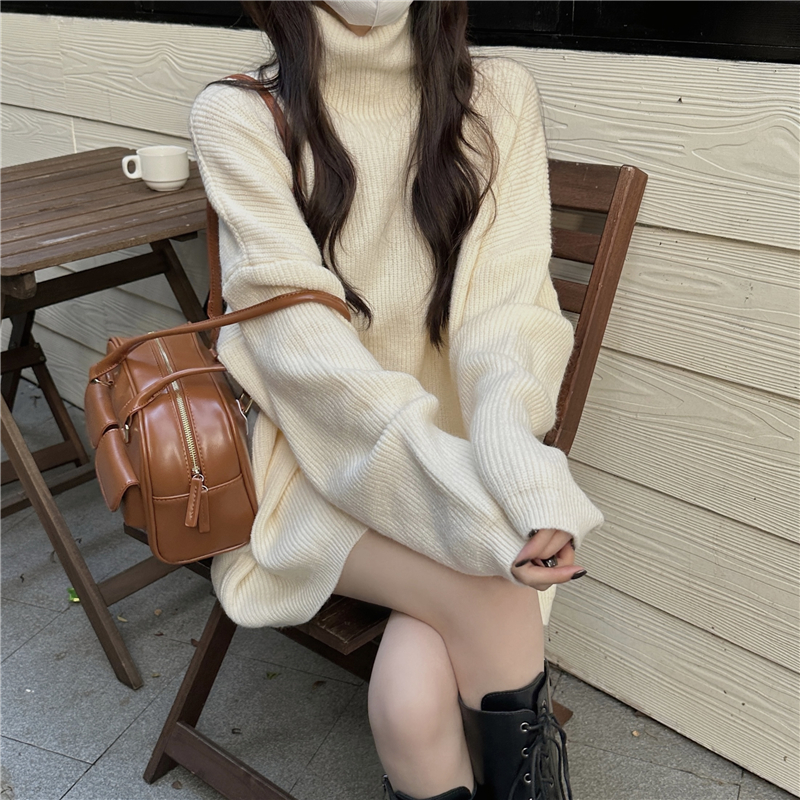 Lazy style turtleneck sweater for women in autumn and winter thickened outer wear retro mid-length loose butt-covering black knitted top