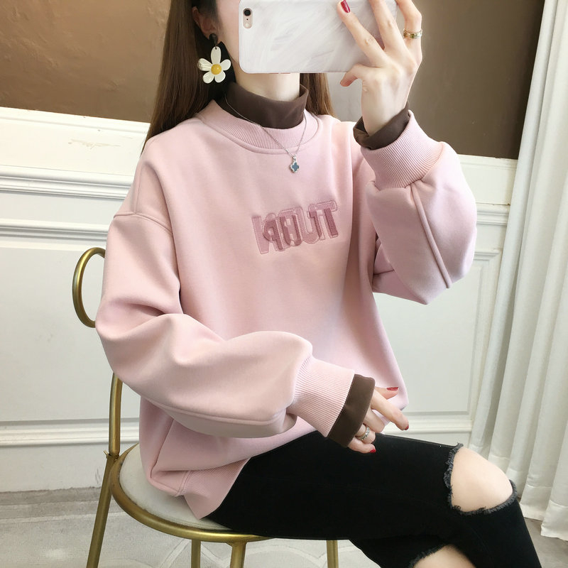 實拍 冬季新款韓版寬鬆複合銀狐絨高領刺繡大碼加絨衛衣女
