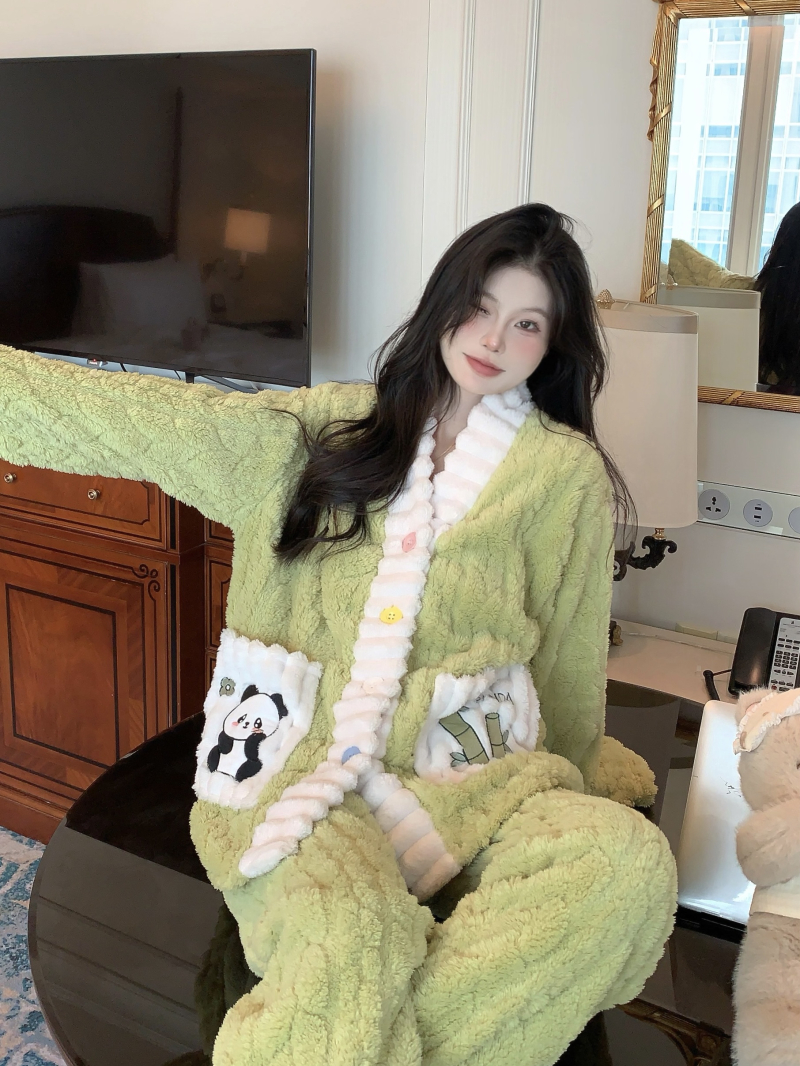 實拍 秋冬款睡衣女款珊瑚絨開衫保暖加絨加厚法蘭絨套裝外穿