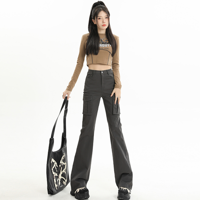 Actual shot of 2024 early spring new high-waisted stretchy bootcut jeans for women, slim and versatile drapey overalls