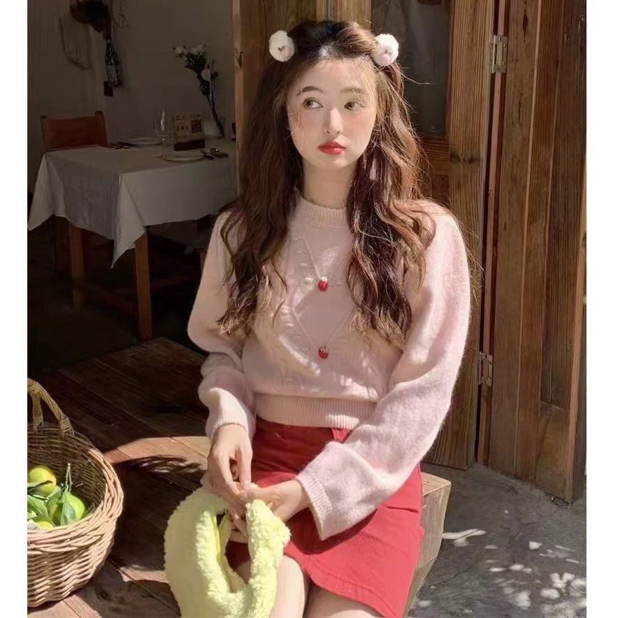 甜美立體草莓套頭毛衣女春秋冬設計感小眾寬鬆收腰短款針織衫上衣