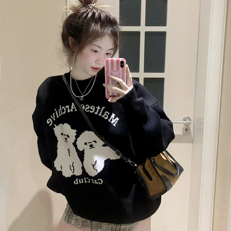 Vintage puppy sweatshirt for women autumn and winter lazy style loose round neck design niche top ins