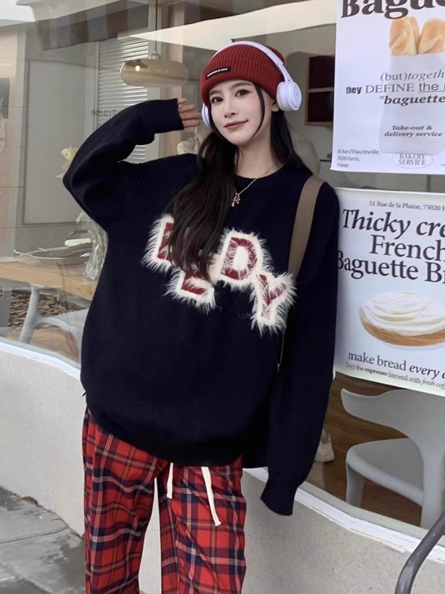 軟糯撞色水貂毛字母中長款毛衣女秋冬遮***情侶寬鬆慵懶針織上衣