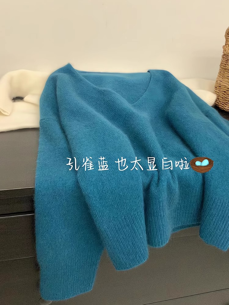 浣熊絨藍色v領毛衣針織衫女秋冬外穿寬鬆慵懶風軟糯短款套頭上衣