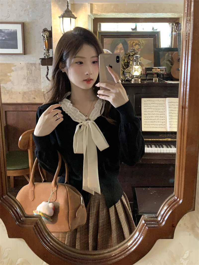 秋冬季2023新款蝴蝶結綁帶針織衫外套設計感內搭打底毛衣上衣女裝
