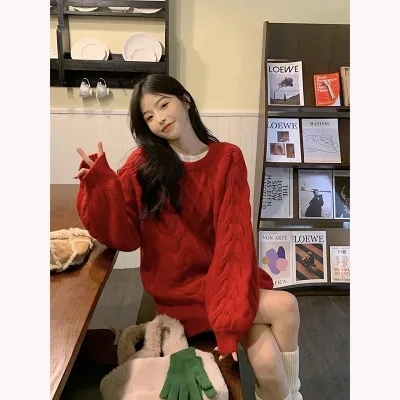 鬍鬚哥紅色寬鬆毛衣女2023秋冬軟糯風套頭韓系日系慵懶風外穿上衣