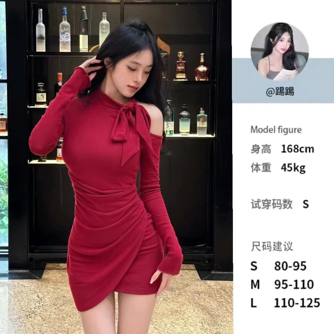 TT推薦純欲性感雙面絨感蝴蝶結鏤空長袖秋冬連衣裙包臀裙短裙