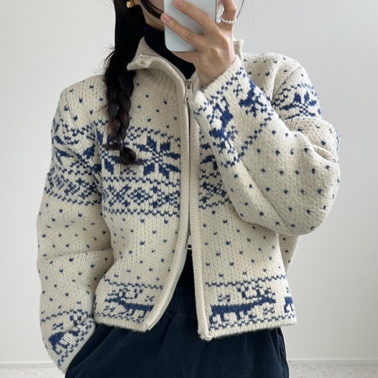 雪花甜美百搭寬鬆減齡拉鏈款毛衣開衫