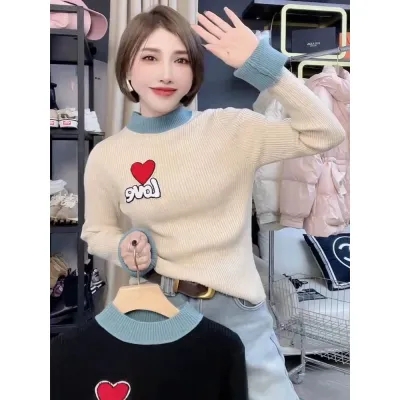 歐貨撞色圓領愛心針織衫女秋冬韓版修身設計感小眾套頭毛衣潮
