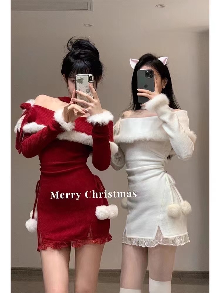 芭比姨聖誕掛脖連衣裙女秋冬穿搭毛邊包臀裙紅色新年戰袍寫真戰衣