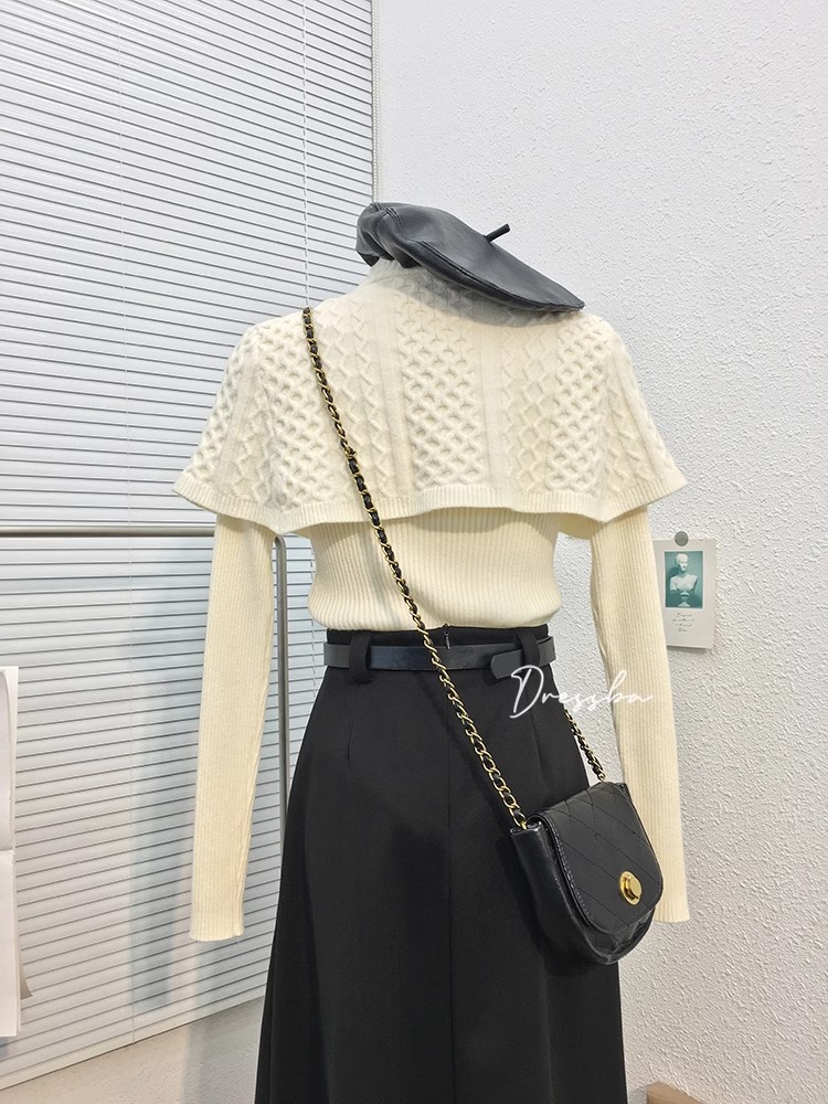 秋冬新款高領斗篷披肩毛衣設計感韓版休閒彈力針織衫女