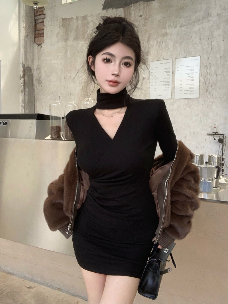 實拍冬性感辣妹風交叉褶皺加絨內搭半高領掛脖包臀打底連衣裙