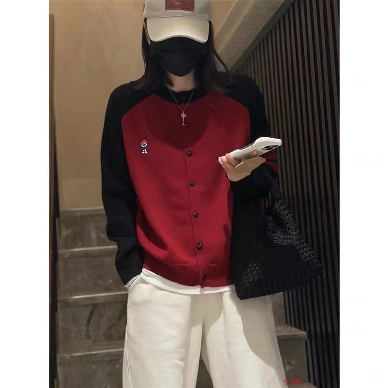 秋冬新款女韓版小清新圓領拼色羊毛開衫軟糯百搭單排扣毛線衣外套