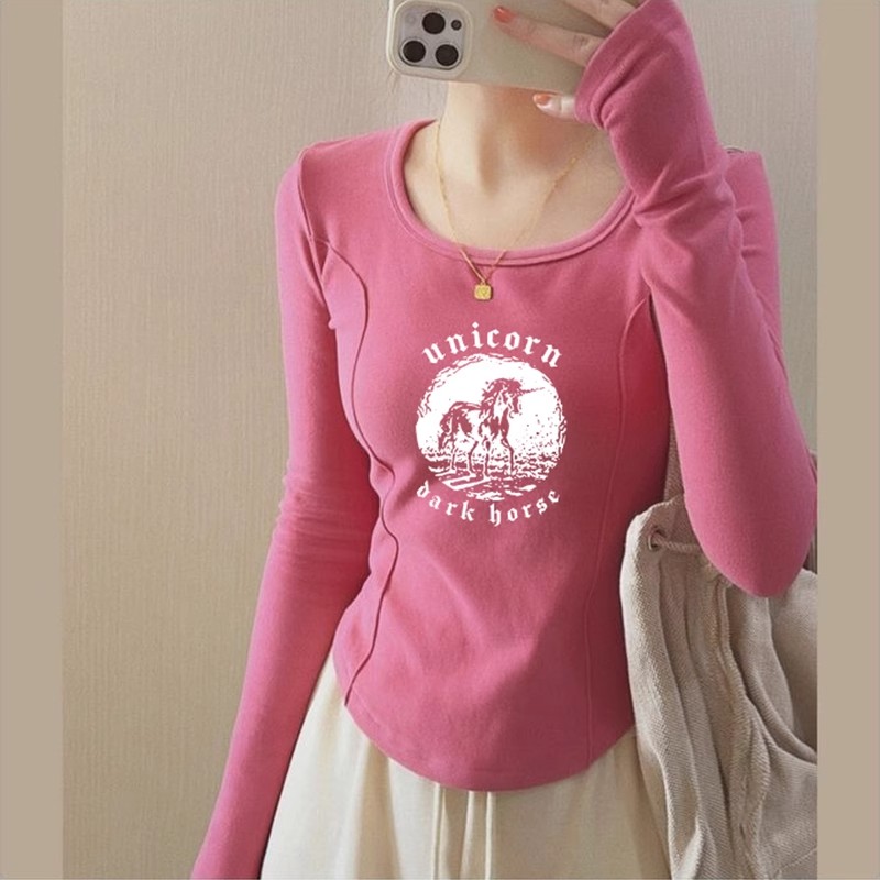 秋季修身弧形下擺長袖t恤女打底衫不規則別致設計感小眾上衣