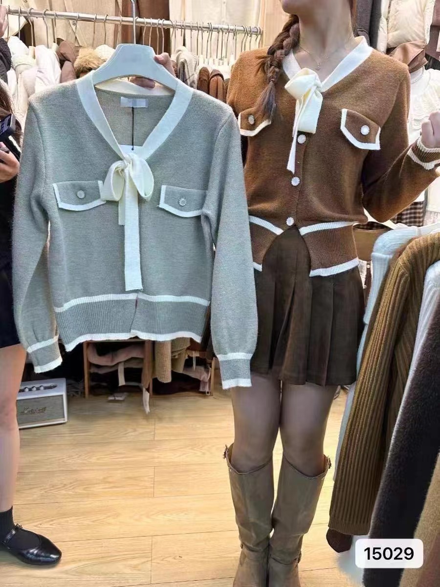 2023秋冬新款韓版氣質V領系帶蝴蝶結撞色開衫上衣女