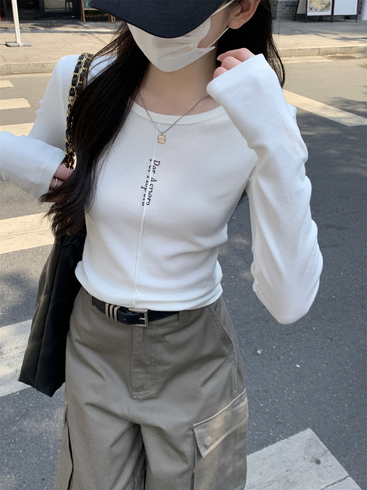 實拍 秋冬韓版修身圓領字母顯瘦抓絨百搭純棉內搭T恤打底上衣