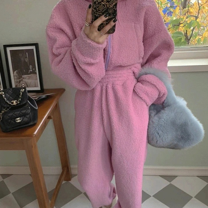 粉色加絨休閒運動服時尚高級感羊羔毛加厚連帽衛衣兩件套裝女秋冬