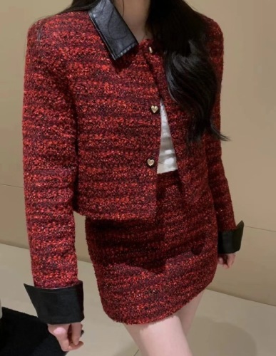VT WULI winter Korean style loose tweed lapel long-sleeved short coat + high-waist retro slim skirt for women