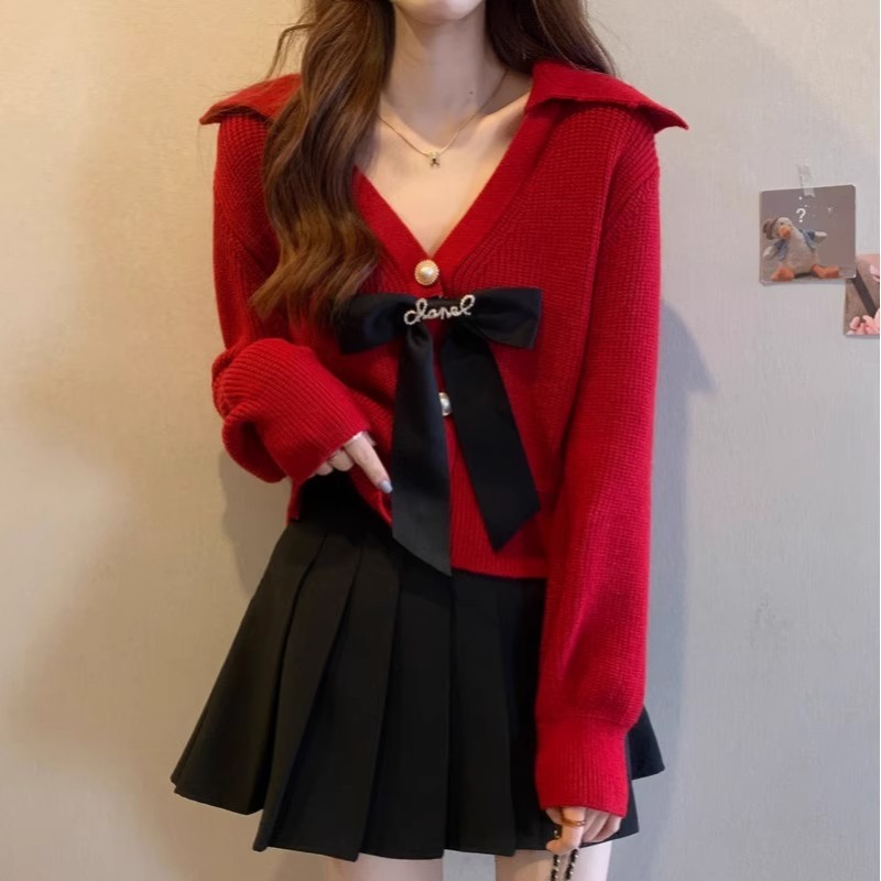 法式兔年本命年紅色毛衣女秋冬設計感小眾蝴蝶結v領短款針織開衫