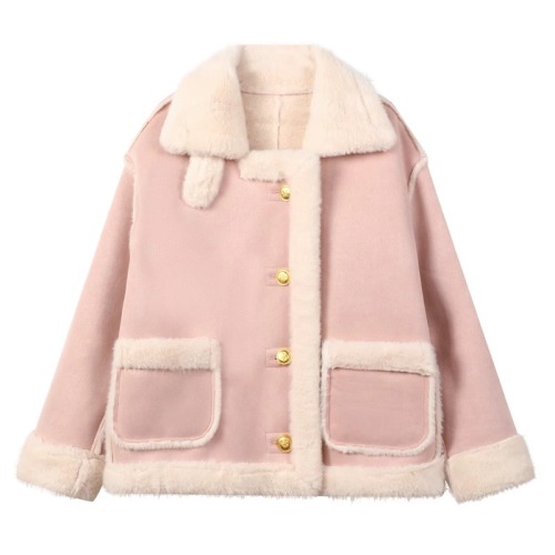 Pink small fragrant style fur one-piece jacket for women  winter new Korean style velvet thickened motorcycle jacket
