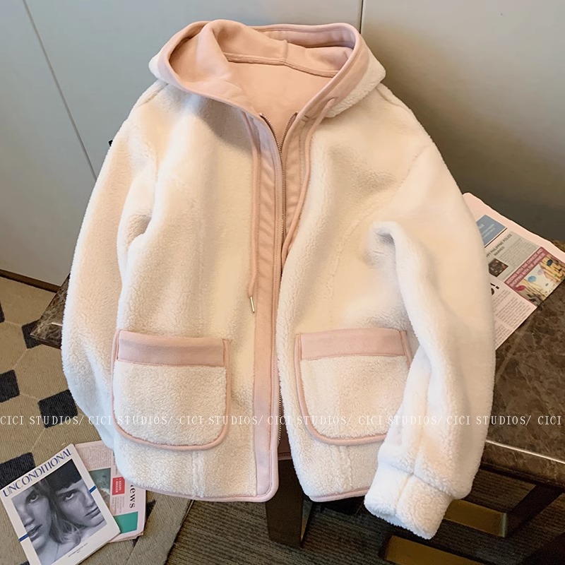 Hooded lambswool coat for women petite autumn and winter 2023 milk fufu small fragrance style splicing polar fleece cotton jacket