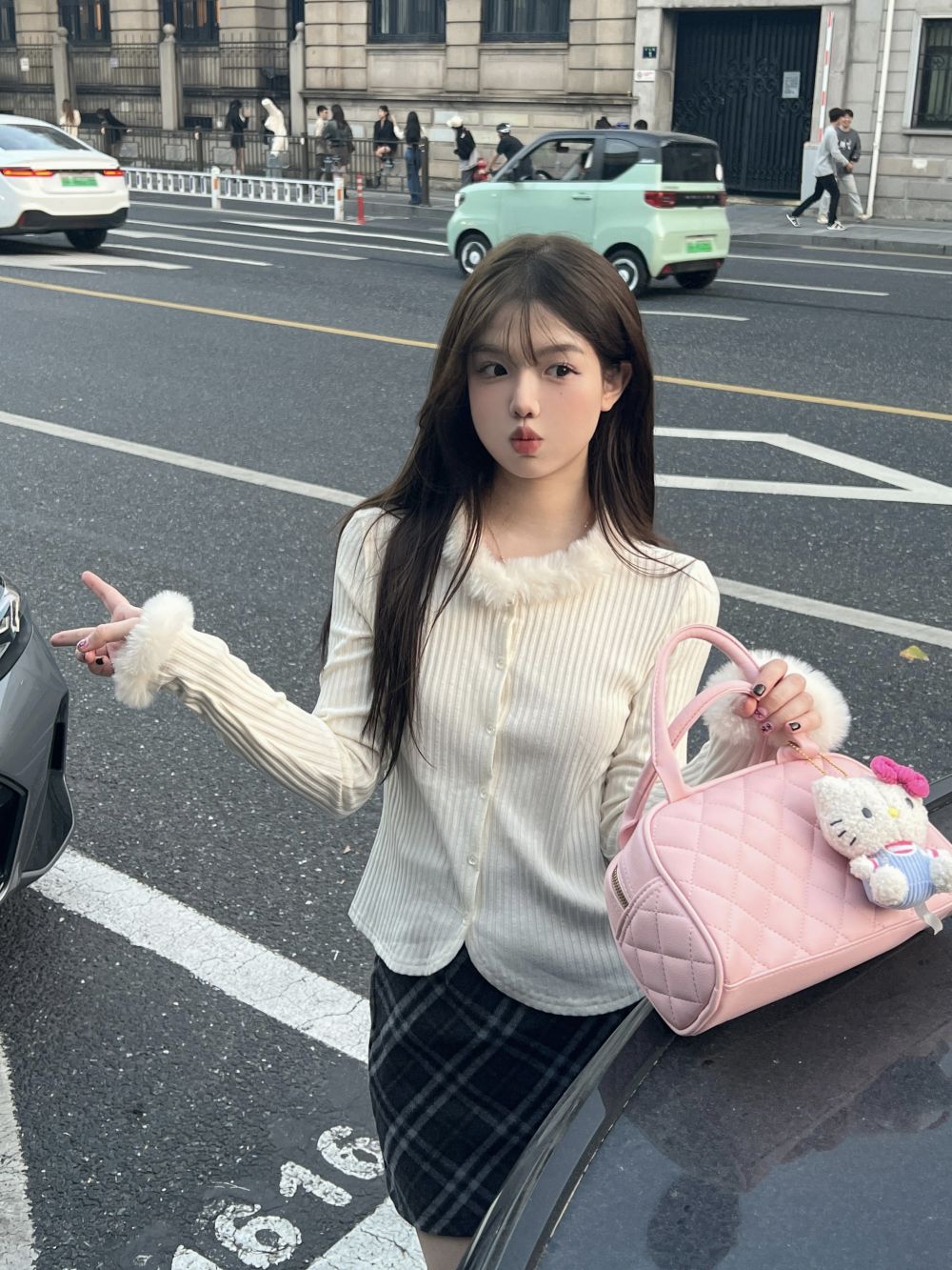 實拍三標齊設計感毛領拼接顯瘦單排扣打底衫女上衣