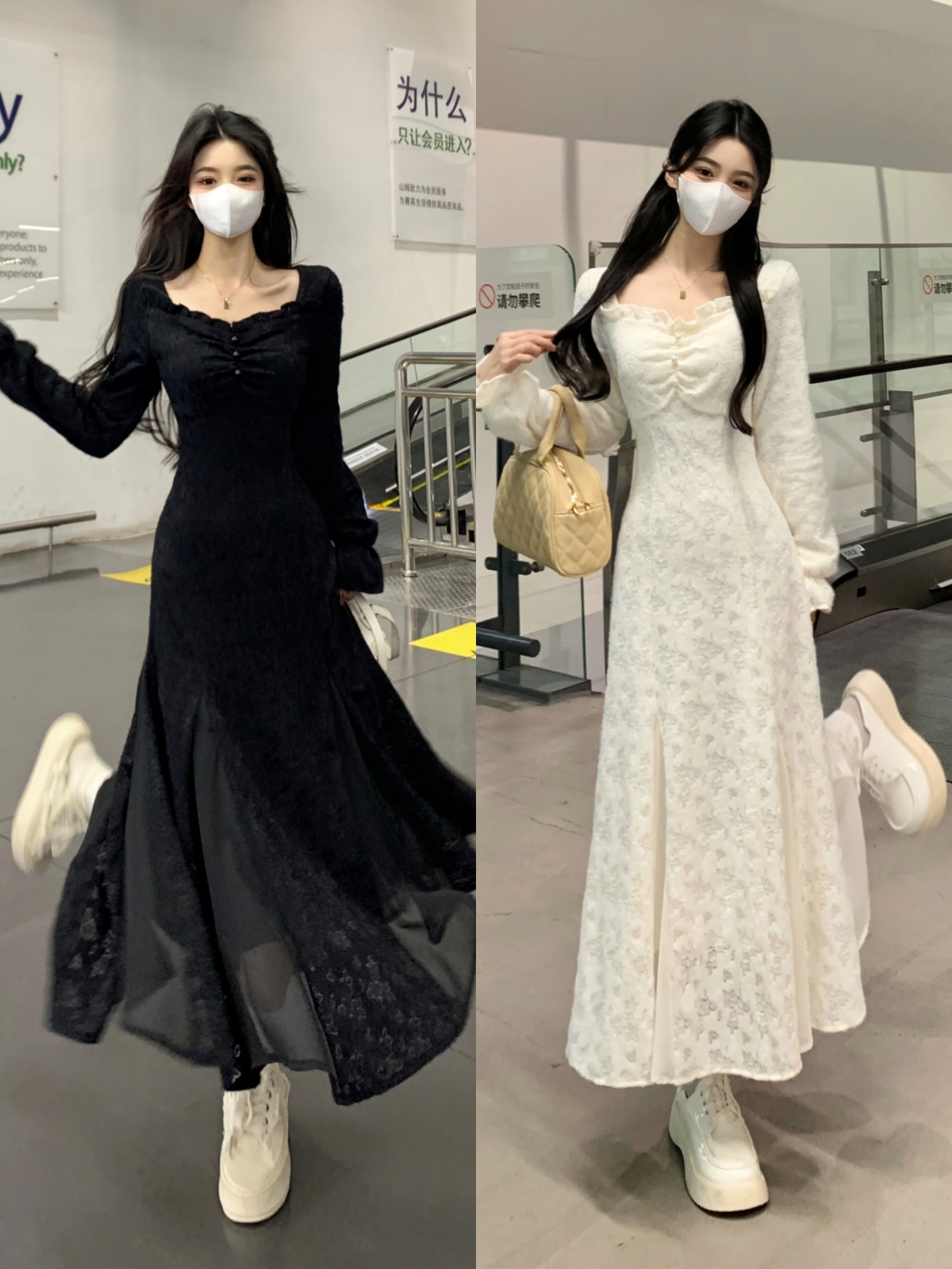 實拍~  蕾絲方領褶皺連衣裙純色早春顯瘦氣質魚尾炸街連衣裙