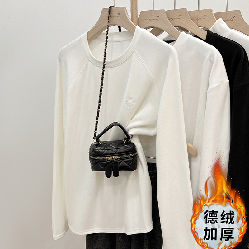 實拍白色德絨長袖打底衫女秋冬季寬鬆刺繡t恤設計感加厚上衣