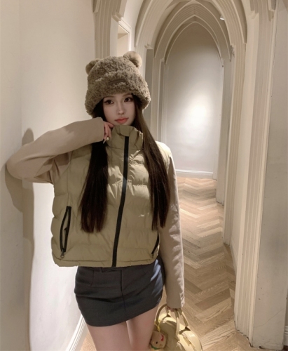 Actual shot of autumn and winter hot girls stand-up collar stitching design zipper outer wear cotton coat slimming casual jacket cotton coat