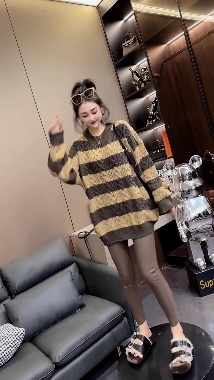 條紋設計感百搭毛衣女秋冬2023新款中長款針織衫寬鬆圓領上衣潮