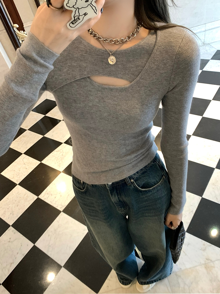 美式正肩灰色修身收腰長袖t恤女內搭春秋設計感小眾鏤空打底衫ins