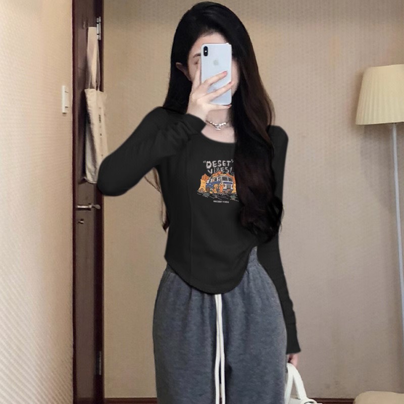 秋季修身弧形下擺長袖t恤女打底衫不規則別致設計感小眾上衣