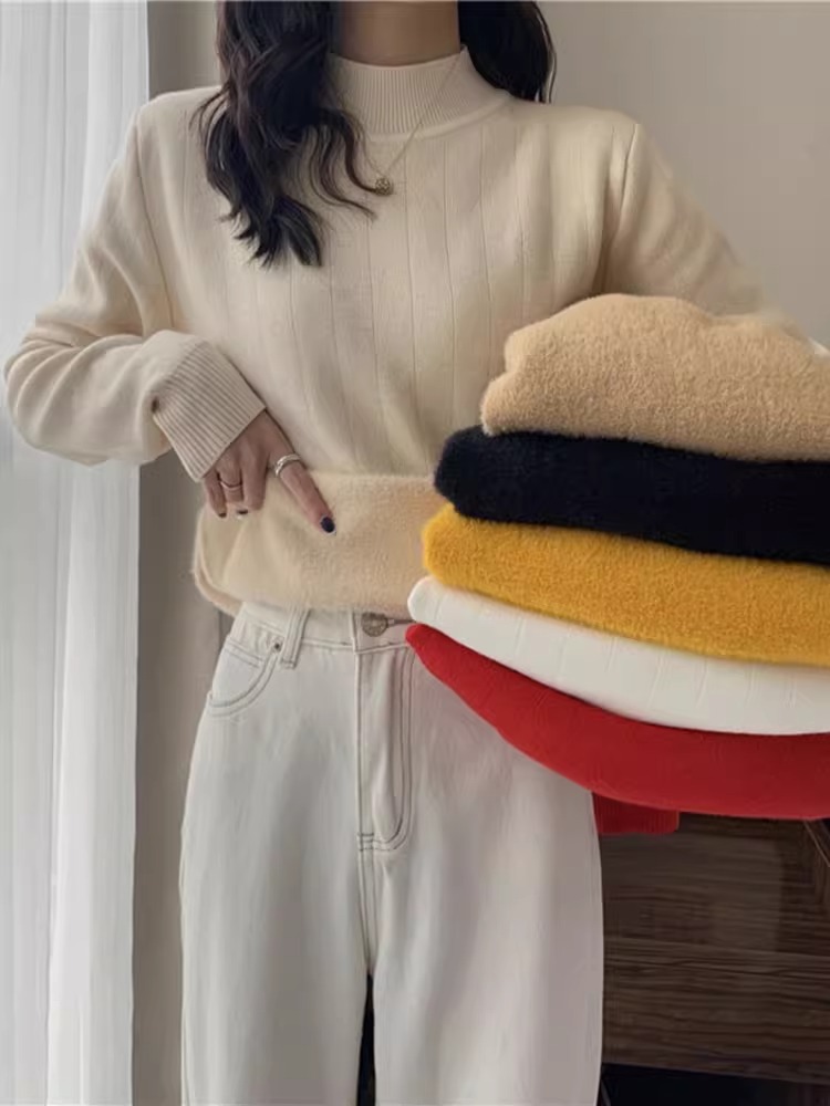 保暖內搭打底衫毛衣女秋冬2023新款加絨加厚半高領長袖針織衫上衣