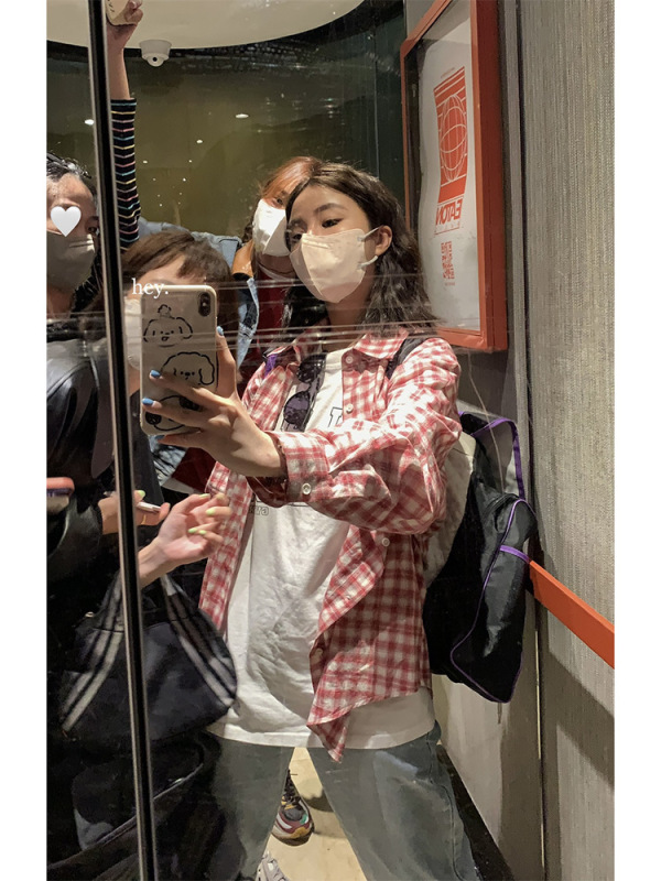 鹵鹵lulu復古粉色格子襯衫上衣女2024年春秋新款寬鬆襯衣純棉薄款