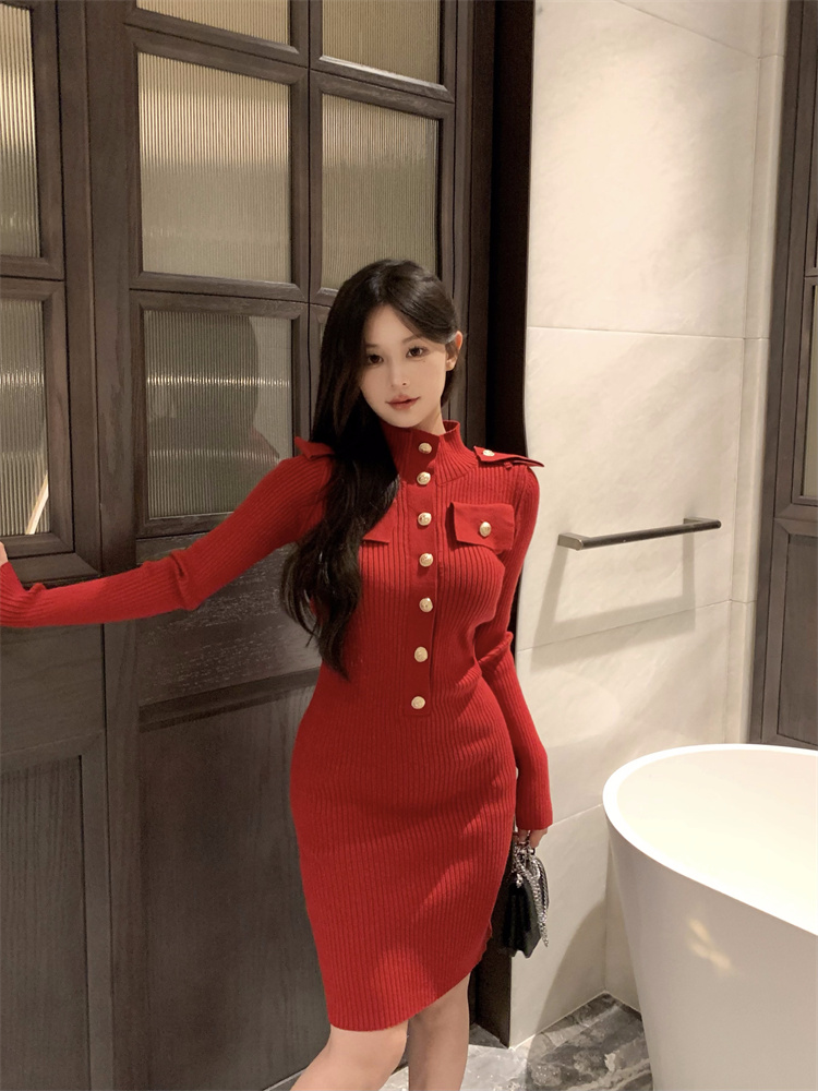 Actual shot of the new autumn and winter slim fit polo collar bottoming hip dress