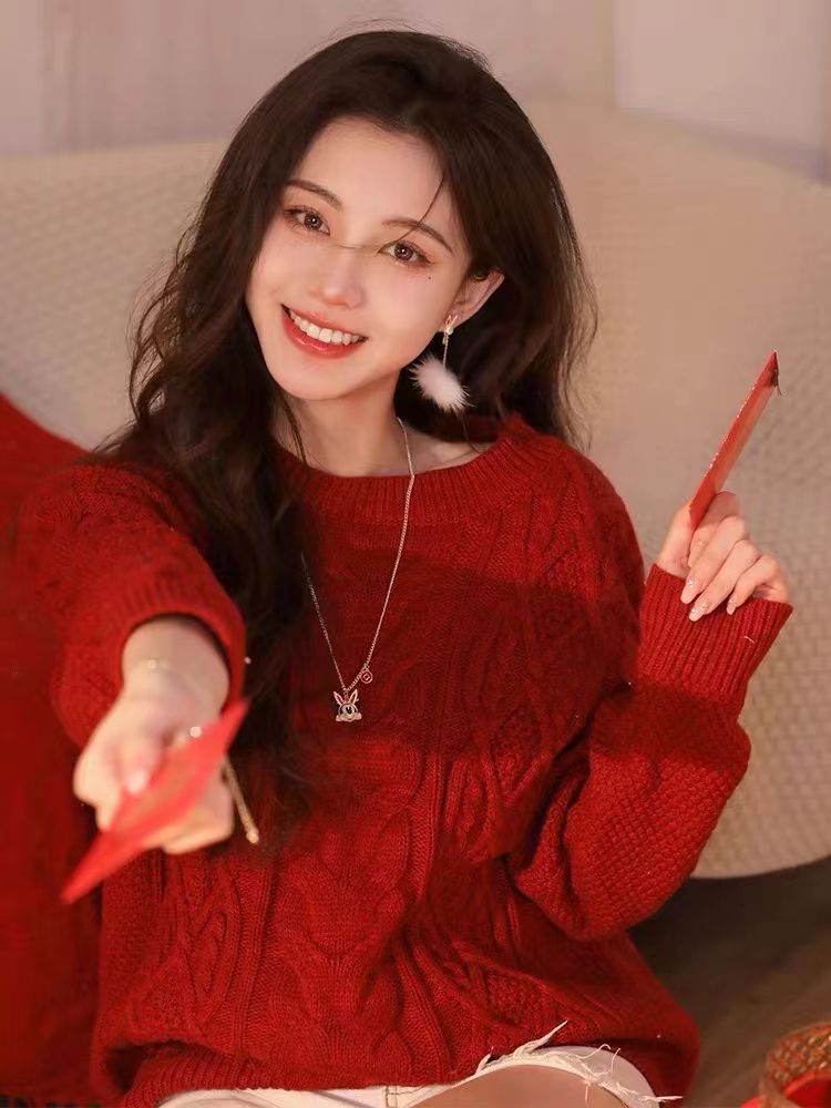 秋冬新款韓版新年聖誕紅慵懶厚實圓領針織麻花套頭毛衣女