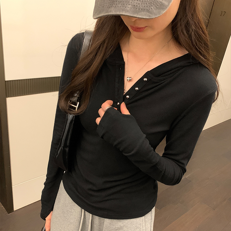 實拍圖基礎款羊絨正肩純色連帽套頭長袖T恤女2023新款內搭上衣