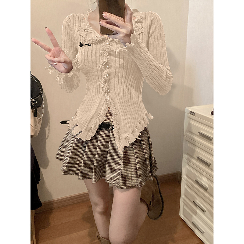 設計感流蘇咖色開衫毛衣外套女秋冬新款修身顯瘦小眾針織打底上衣
