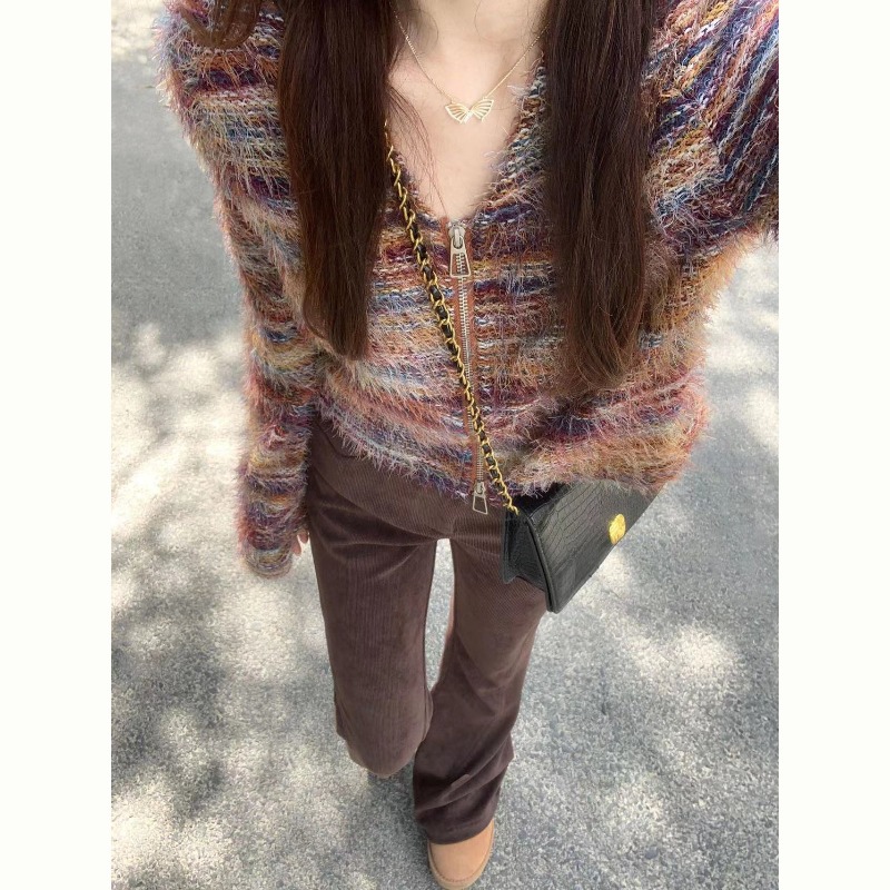復古雜色馬海毛針織衫短款開衫上衣女秋冬小香風條紋氣質毛衣外套