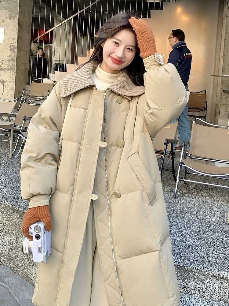 Women's Wool Lapel Down Jacket Korean Fashion Versatile Loose Thickened Warm Mid-Length White Duck Down Jacket Trendy