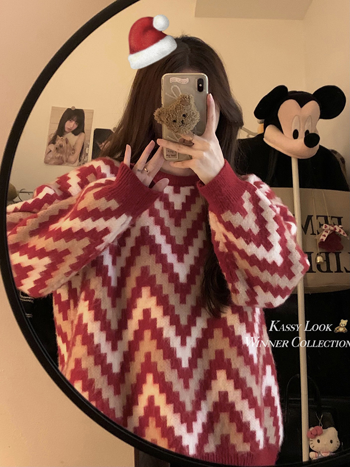 實拍~ 秋冬新款韓版寬鬆慵懶風軟糯紅色針織套頭外穿毛衣女