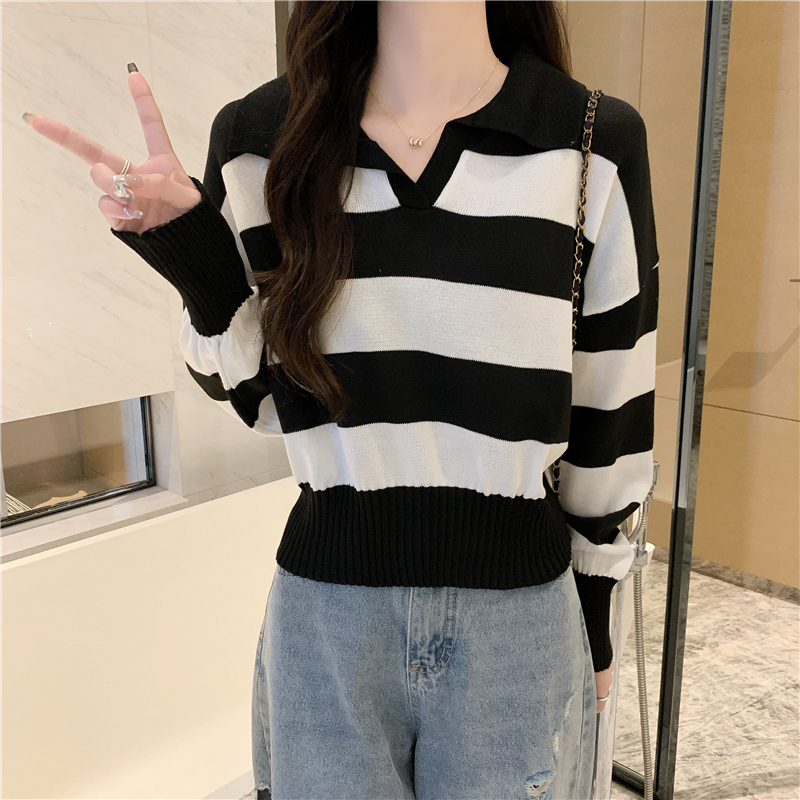 實拍~ 滌綸 設計感小眾高級感polo領v領條紋打底針織衫女
