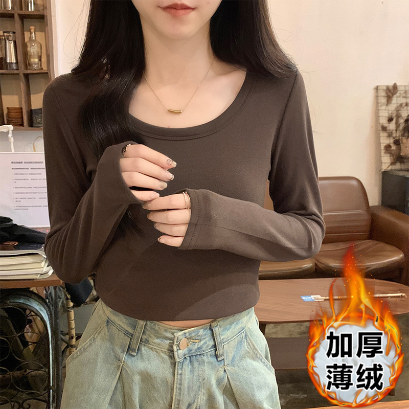實拍法式正肩短款加絨加厚打底衫t恤女秋冬U領修身長袖上衣