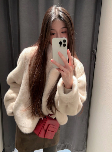 Real shot of almond white eco-friendly mink fur fur one-piece cardigan jacket high quality