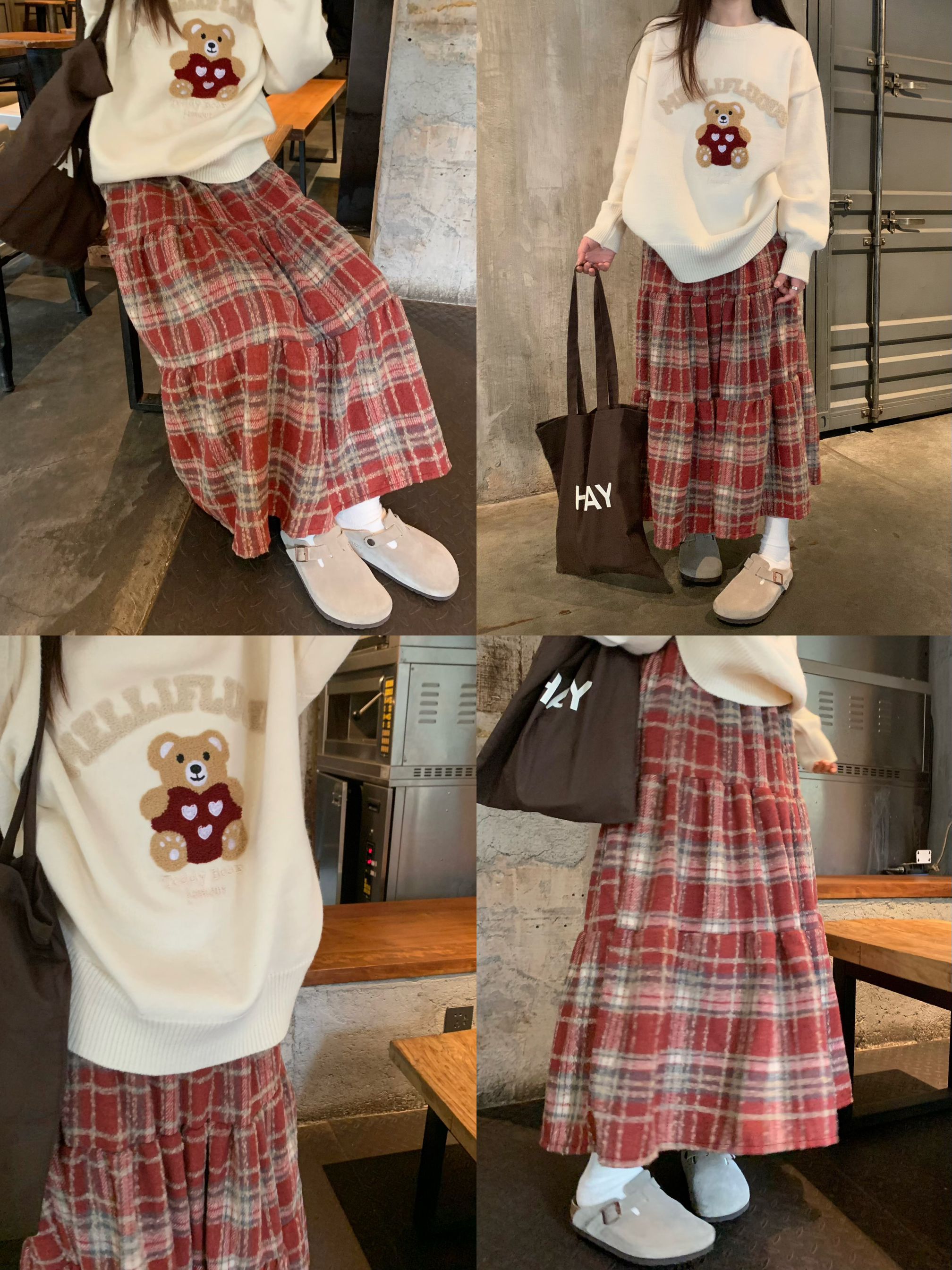 實拍~小熊刺繡毛衣套裝復古紅色聖誕格子半身裙蛋糕大裙擺