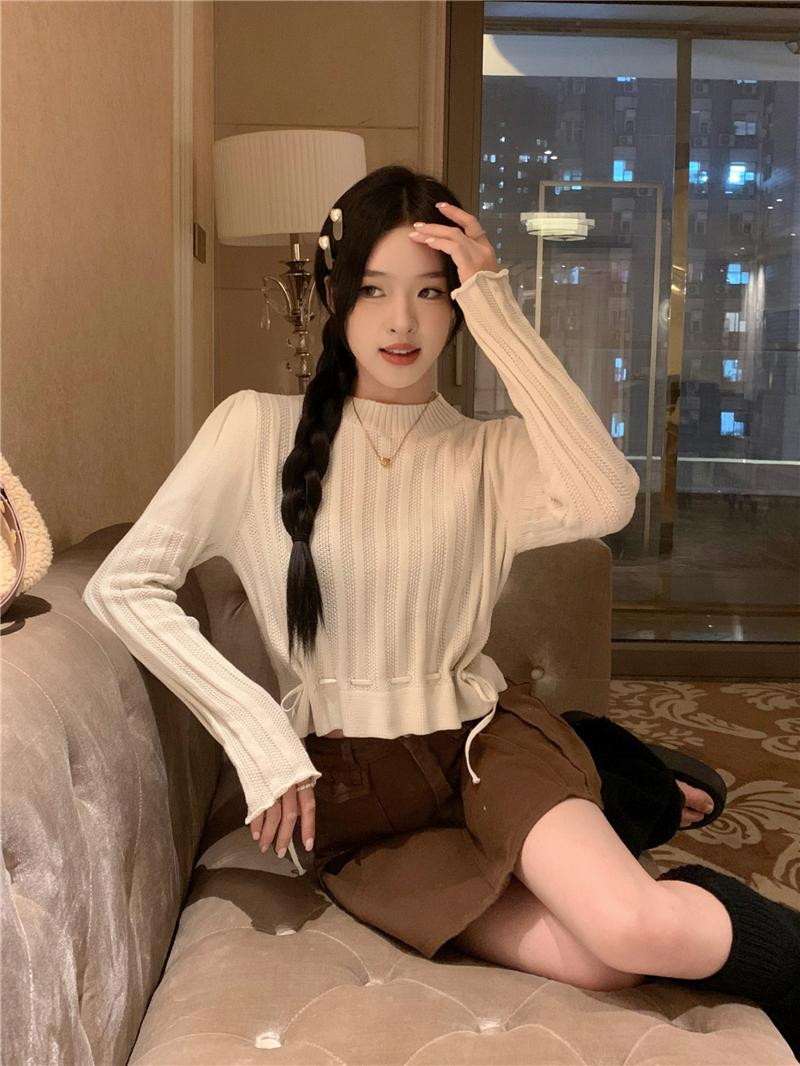 實拍 法式抽繩長袖針織衫女氣質V領短款條紋打底衫別致上衣