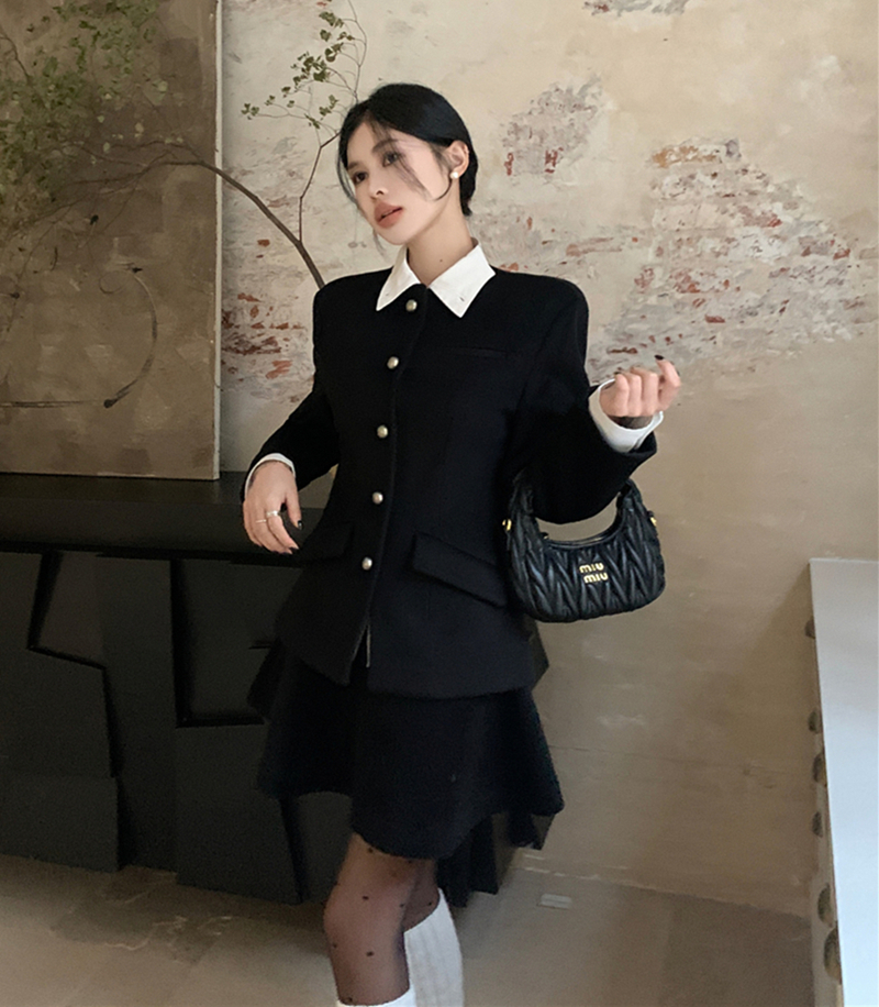 實拍千金珍珠扣呢子加棉收腰顯瘦外套+扇形半身裙褲+襯衫套裝女