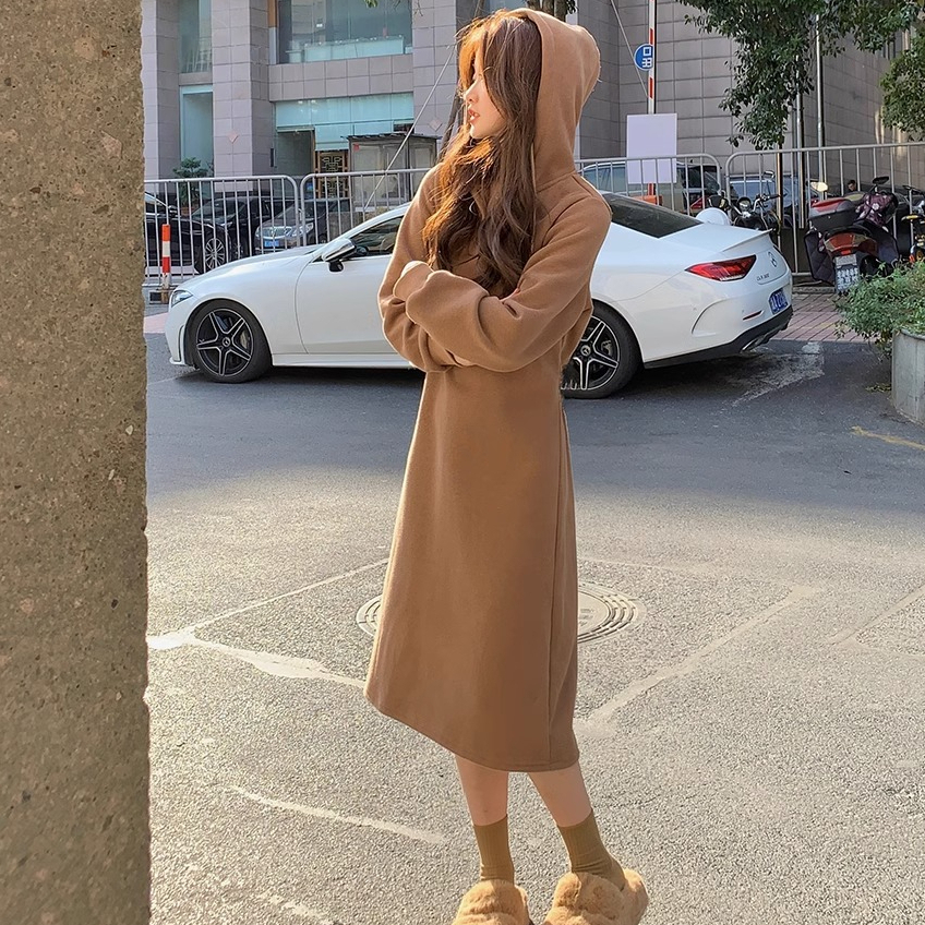 小個子連帽茶歇法式連衣裙早春 女裝新款高級感衛衣裙子秋季