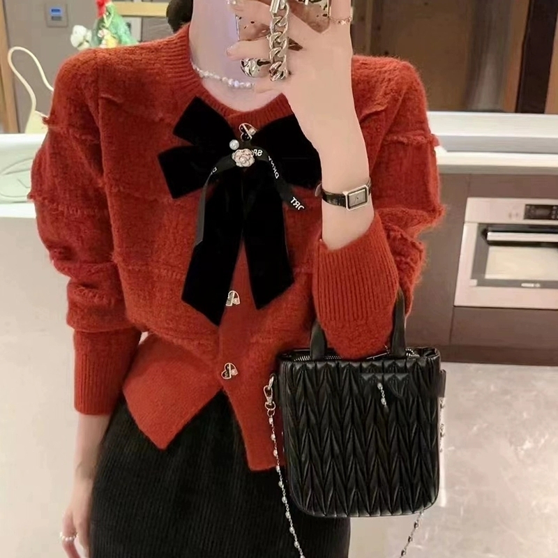 秋冬款可卸蝴蝶結羊絨毛衣外套女甜美小香風顯瘦短款紅色針織開衫